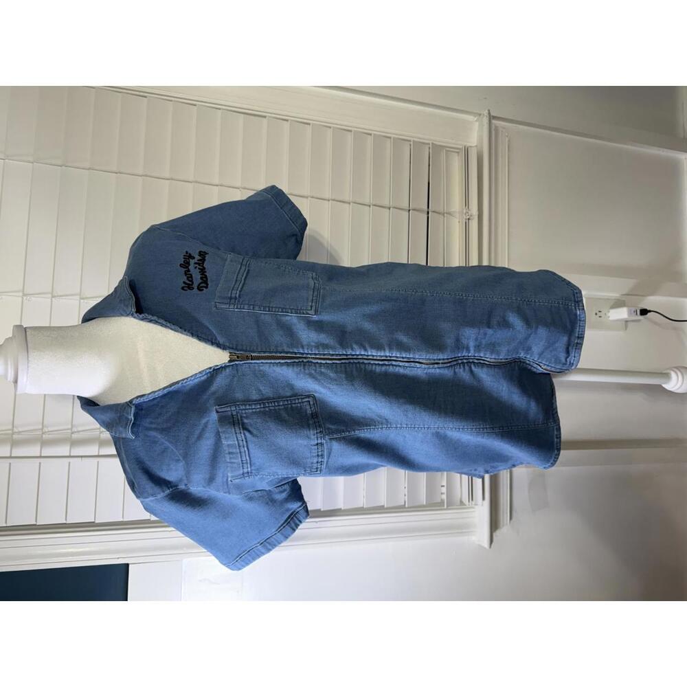 Women XL Harley Davidson Blue Denim Short Sleeve Zip Front Shirt